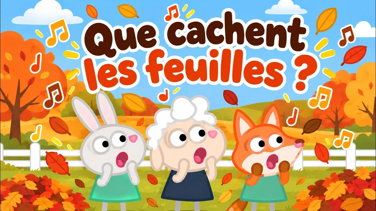 Comptine d’automne pour enfants : le lapin, le mouton et le renard chantent « Que cachent les feuilles ? » devant les arbres roux et les tas de feuilles