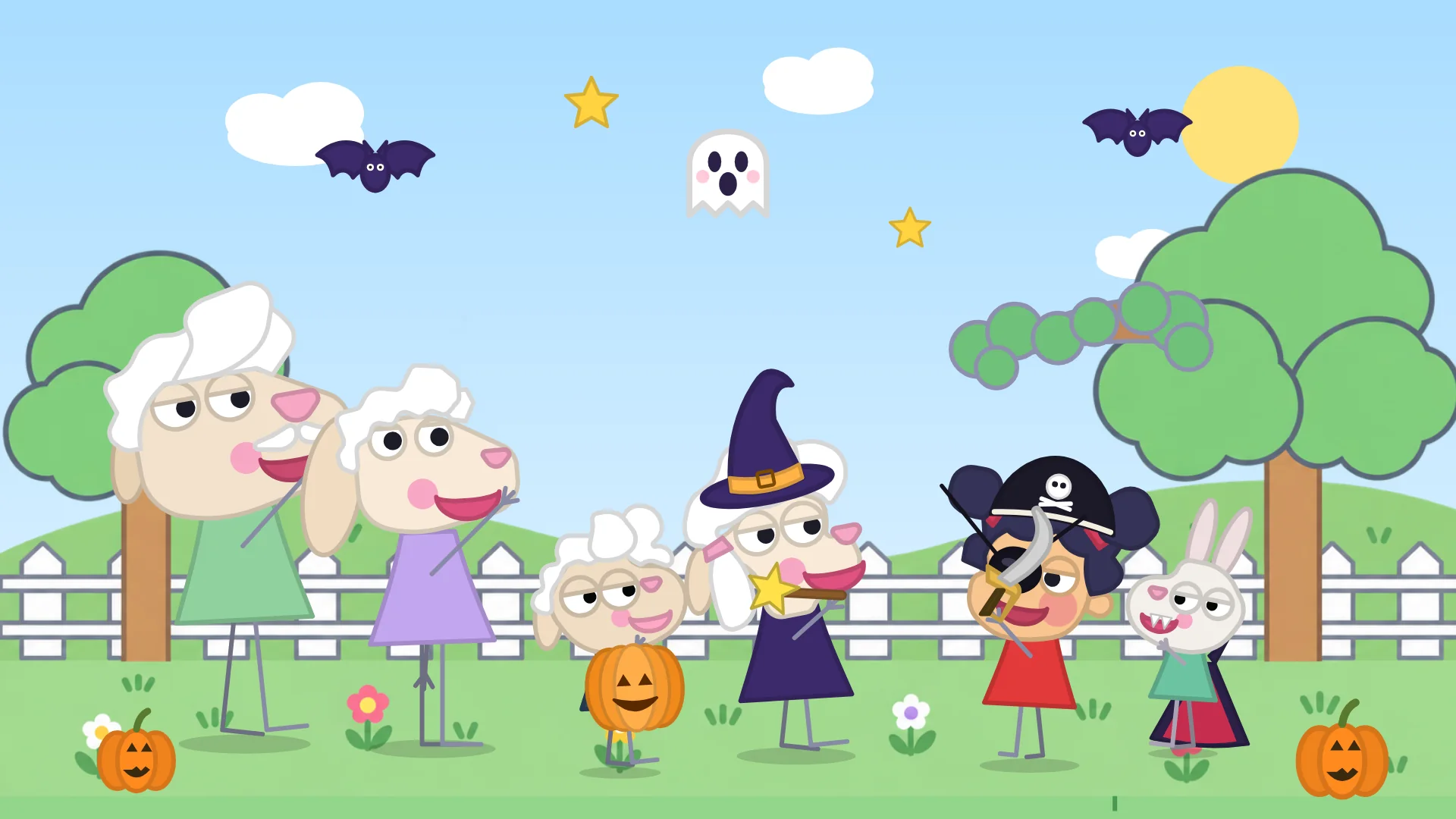 Dessin animé enfant Halloween : la famille Moumoutte déguisée en sorcière, pirate, vampire et citrouille dans le jardin